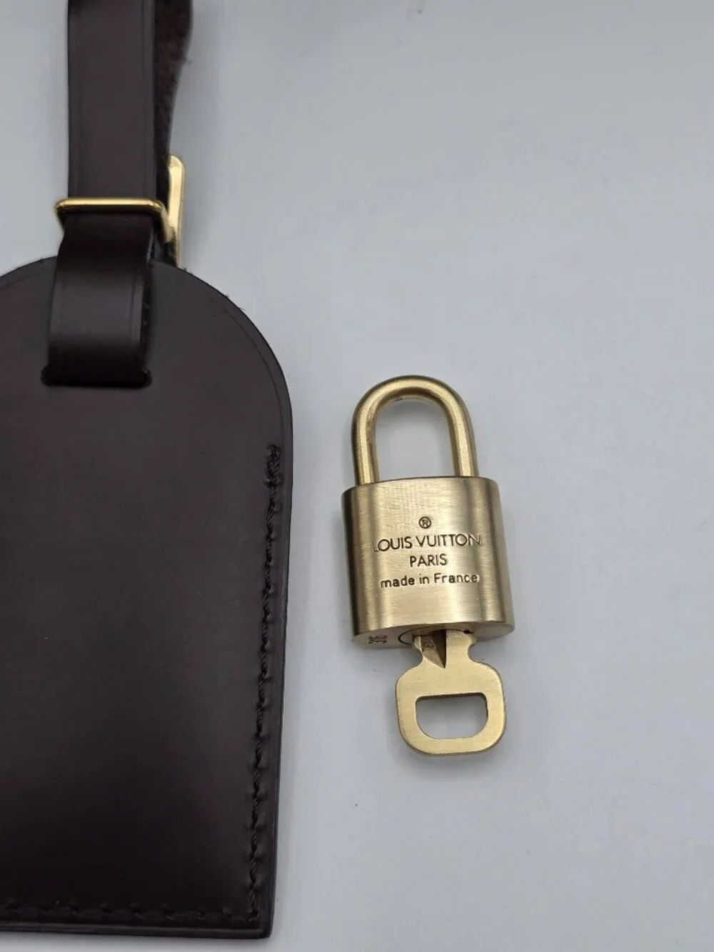 Authentic Louis Vuitton Brown Luggage Tag & Gold Padlock with Key-Made in France
